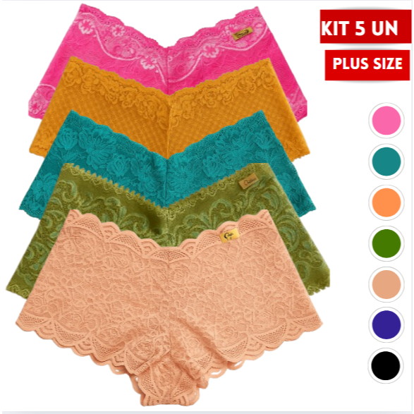 Kit 5 Calcinhas Short PLUS SIZE Calesson de Renda Lingerie Caleçon Rendada Espera Marido em Oferta na Shopee
