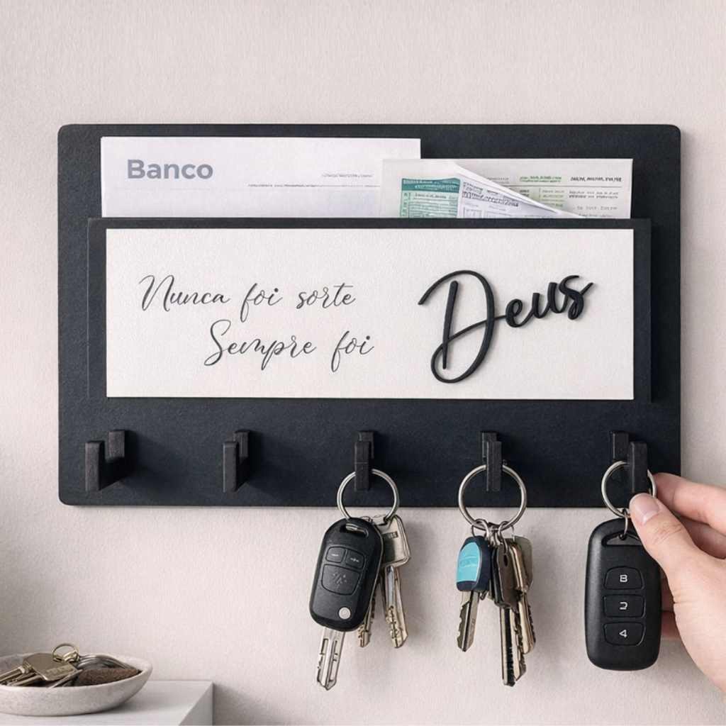 Porta Chaves Decorativo Parede 5 Ganchos Em Mdf Claviculario Preto
