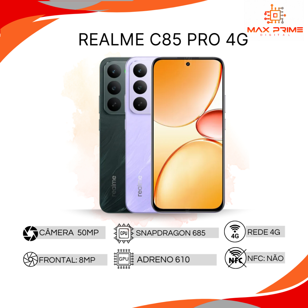 Realme C85 Pro 4G, 256GB + 8GB RAM, Processador Snapdragon™ 685, Câmera 50MP, Bateria 7000mAh Versão Global