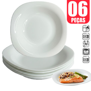 Kit Jogo conjunto de 06 Pratos Quadrado Fundo opaline Vidro branco Temperado Branco 22 cm Liso