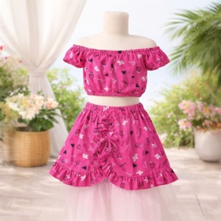 conjunto infantil menina blusa ciganinha e saia com babado verão. em Oferta na Shopee