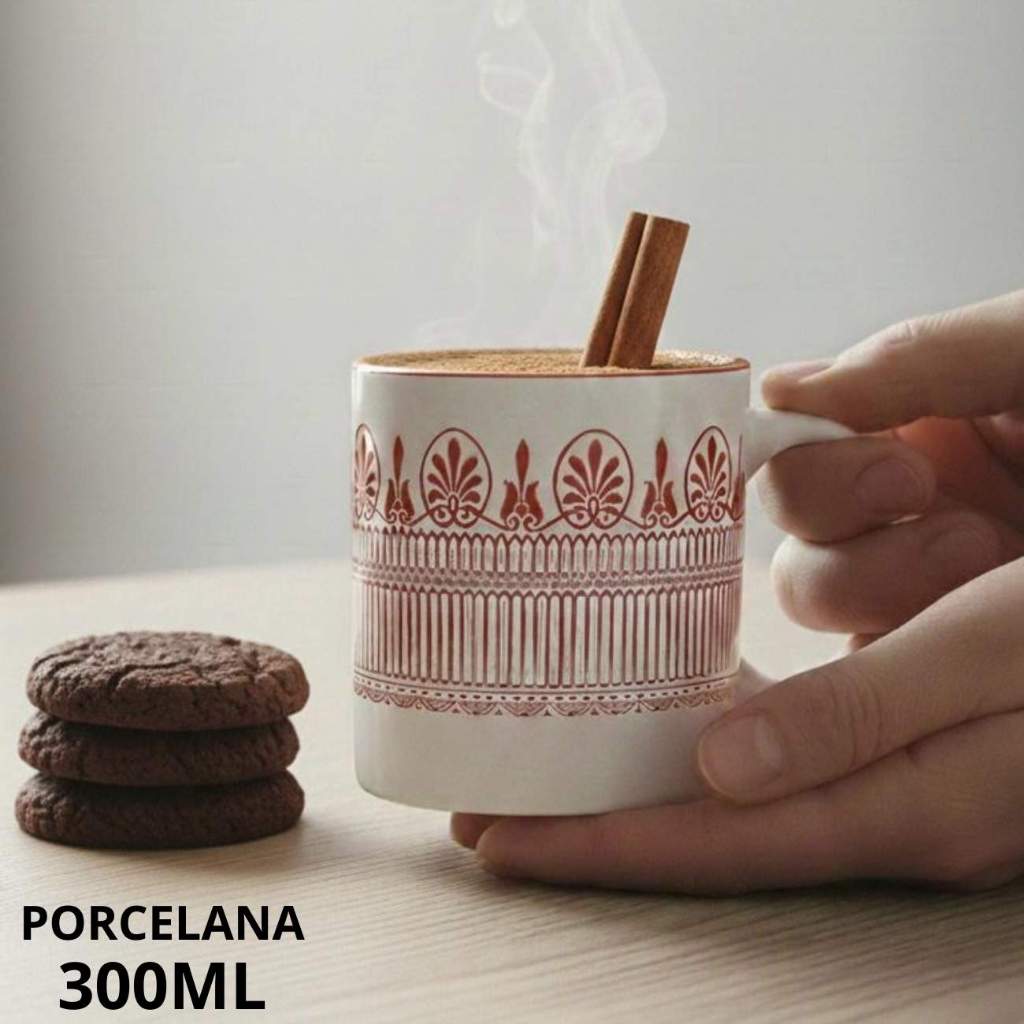 Caneca de Porcelana Branca com Estampa Vermelha Clássica 300ml Caneca Decorada para Café Chá e Uso