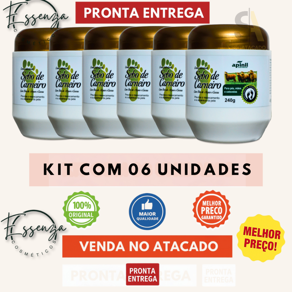 🔥 KIT 6 Unidades Creme Sebo de Carneiro Apinil 240g Pés e Mãos | Original Atacado Revenda