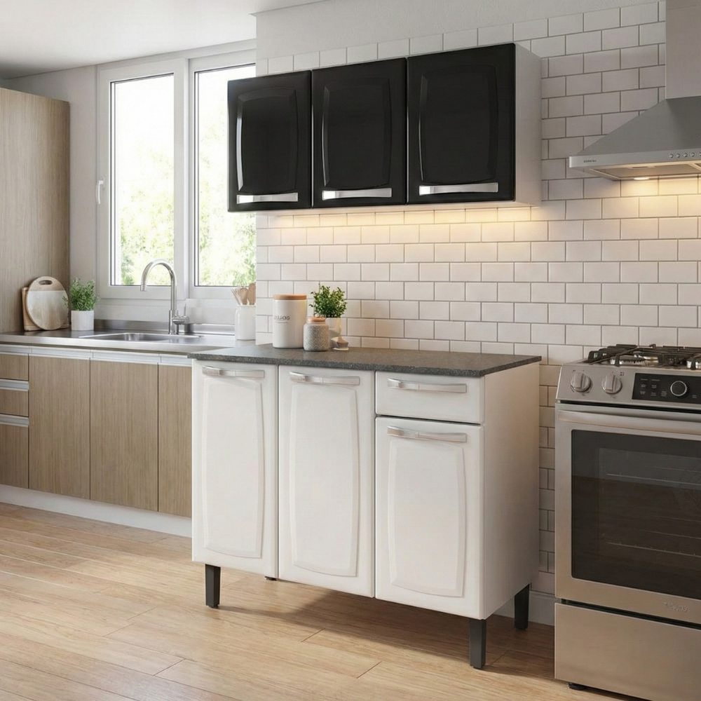Cozinha Completa Itatiaia Rose Aço Branco 105cm Balcão Com Tampo E Armário Aéreo