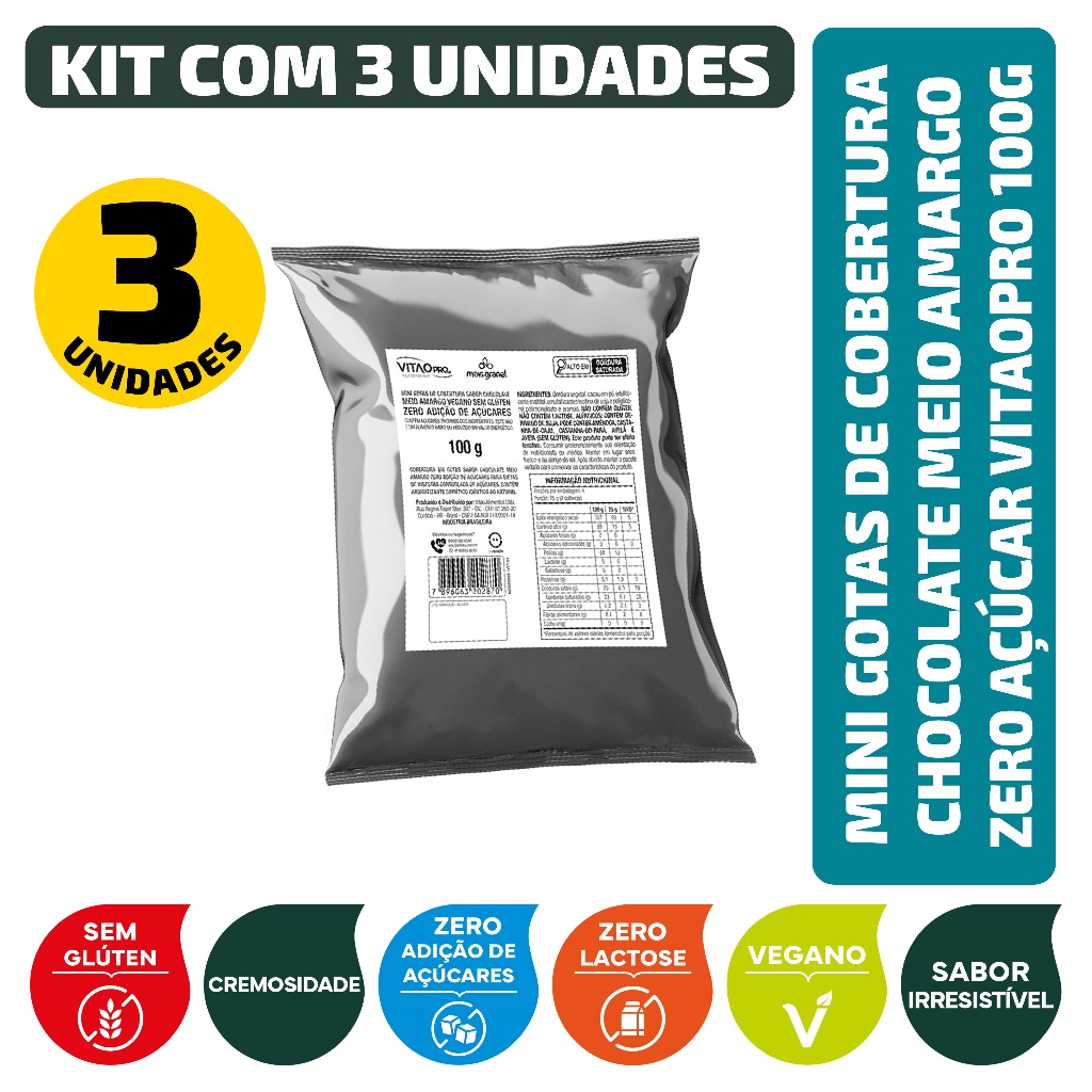 Kit Mini Gotas de Cobertura sabor Chocolate Meio Amargo Zero Açúcar VitaoPRO 100g - 3 unidades em Oferta na Shopee