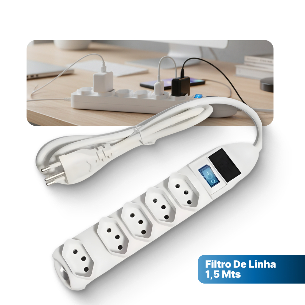 Filtro de Linha Régua Extensão Elétrica 5 Tomadas 10a Cabo 1,5m