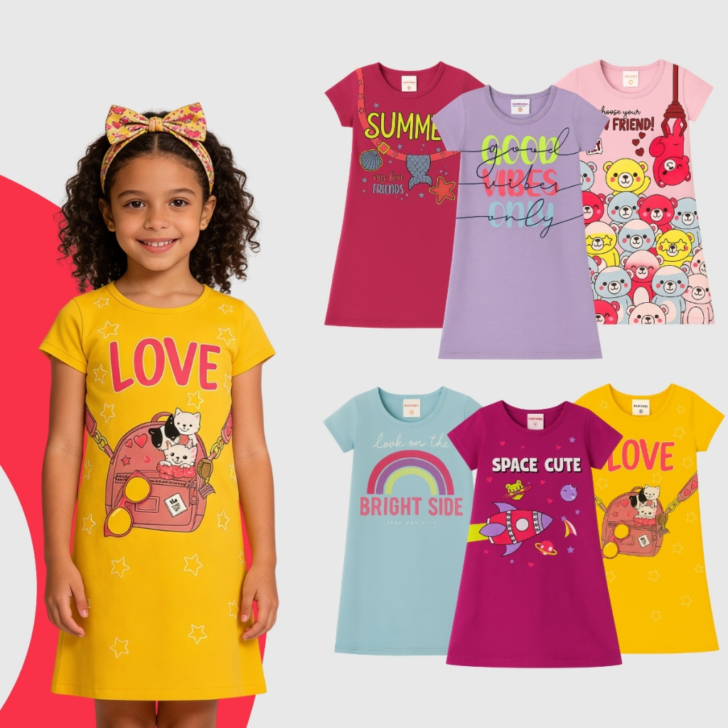 Vestido Bebe e Infantil Menina Verão Estampados 100% Algodão Conforto Sortido Tamanhos 1 ao 8 anos