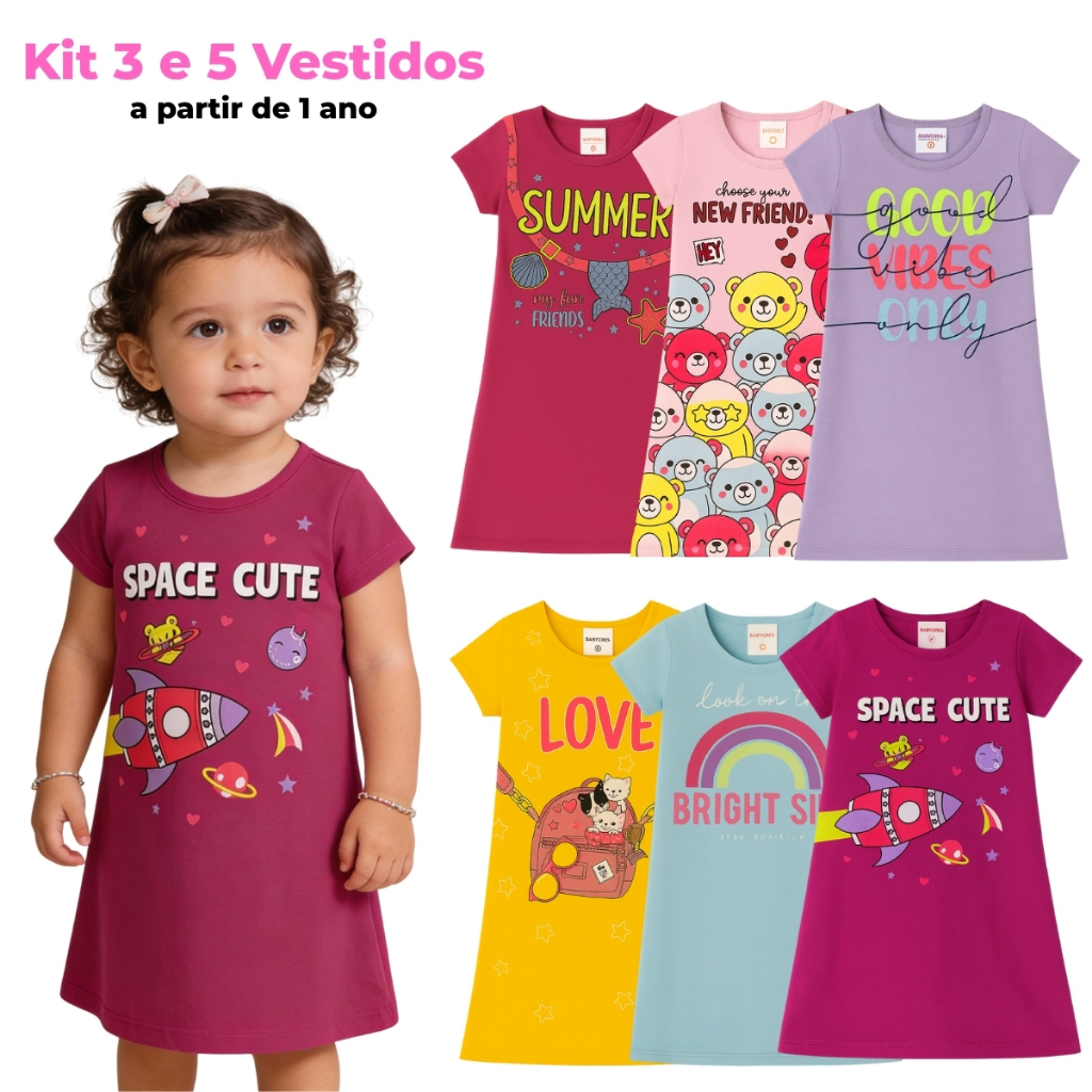 Kit 3 ou 5 Peças de Vestido Bebê e Infantil Estampado Verão para Menina Leve e Confortável Algodão