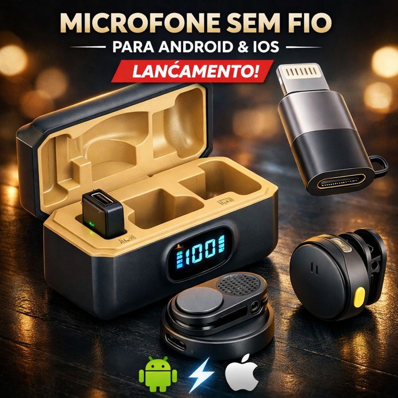 Microfone de Lapela Wireless Profissional com Cancelamento de Ruído e Caixa de Carregamento