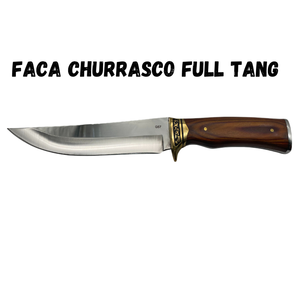 Faca Churrasco Caça e Pesca Cabo Artesanal em Madeira, Full Tang Aço Inox - 1384