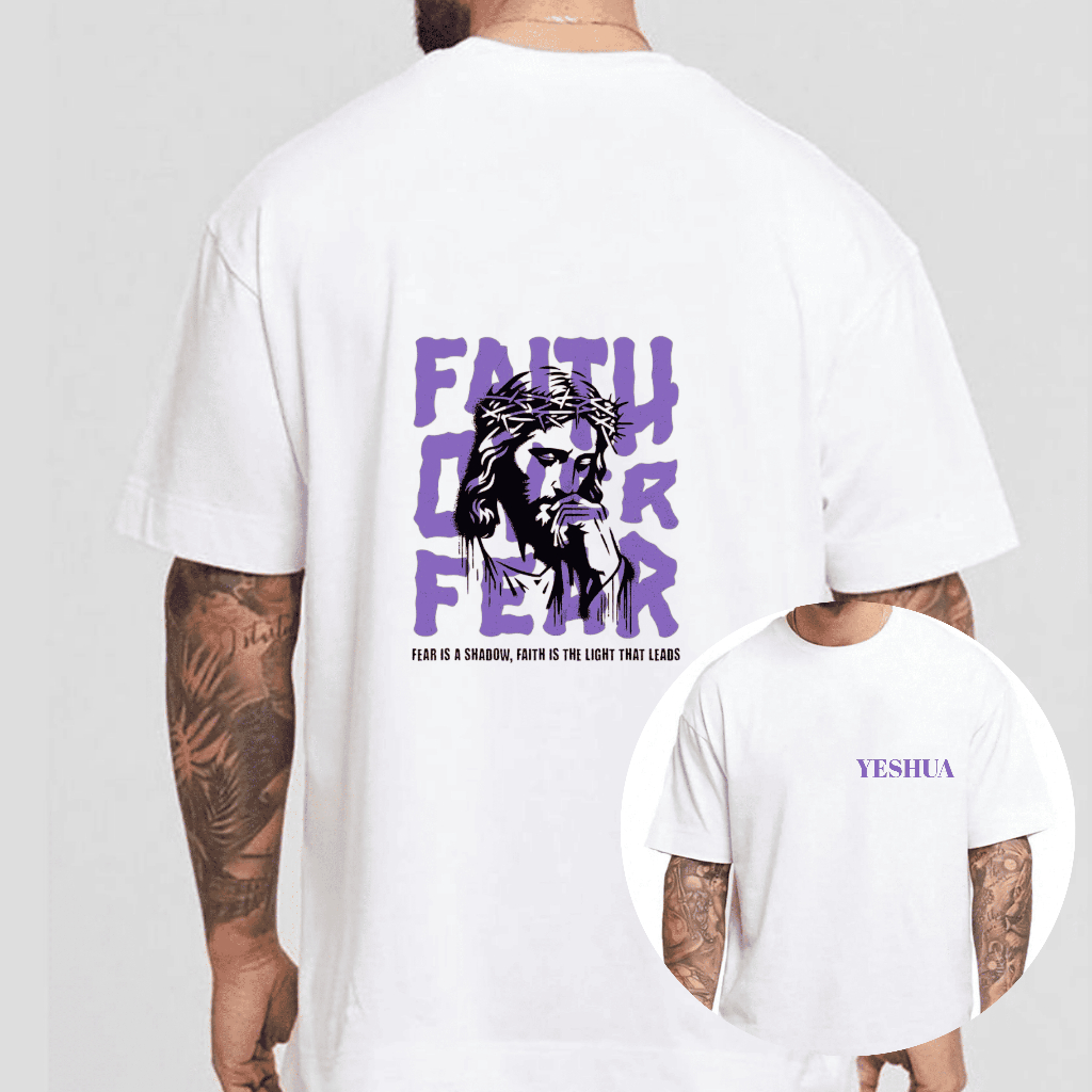 Camiseta StreetWear 100% Algodão Premium Oversized Fé Acima do Medo Jesus Cristo Confortável Deus Cristão  Lançamento