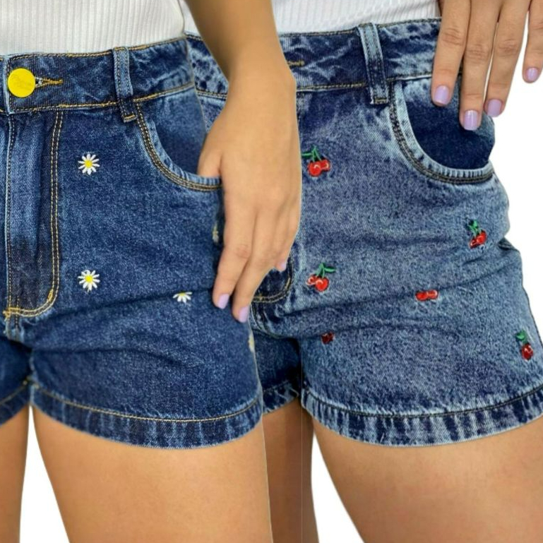 Short Jeans Feminino Bordado Sem Lycra Alto Padrão em Oferta na Shopee