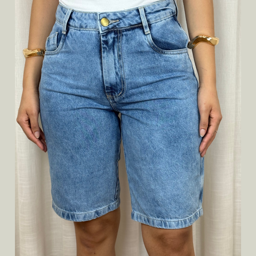 Bermuda Jeans Feminina Sem Elastano Comprida Cos Alto Jorts Confortável Tendencia 100% Algodão