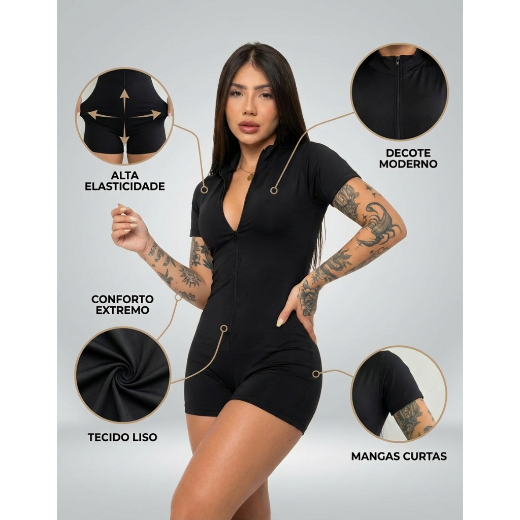 Macaquinho Feminino Coladinho Academia Manga Curta Short Curto Preto Suplex Com Ziper