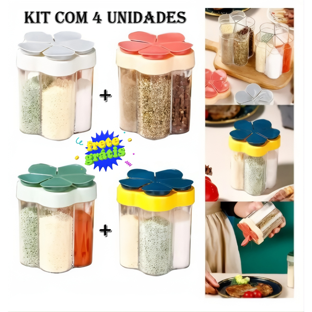 Achadinho Kit 4 Organizadores de Temperos Flor 5 em 1 - Oferta Completa