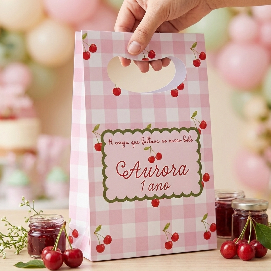 Sacolinha Personalizada Tema Cerejinha | Bolsinha Sacola Cereja Pegue e Monte
