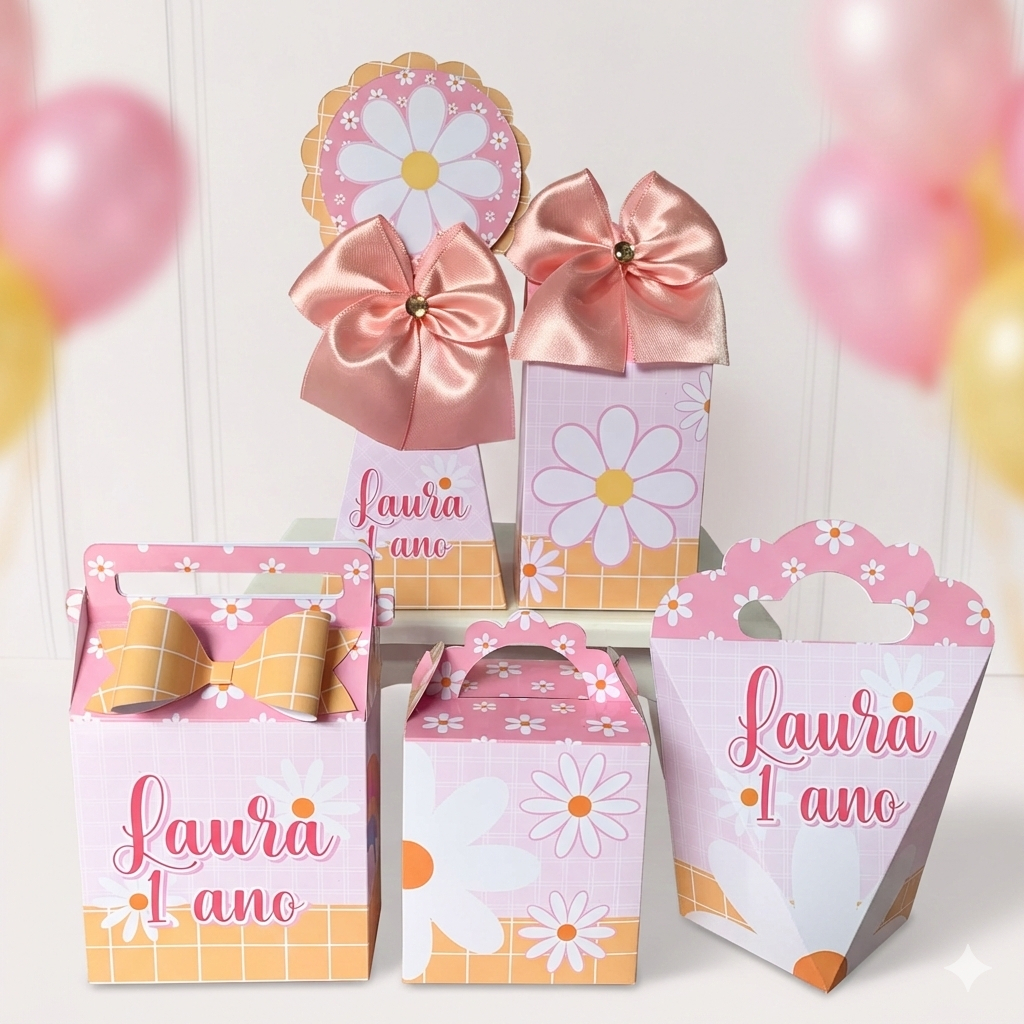 Kit Personalizados caixas Festa Flor Margaridas Rosa|Caixinha|Aniversário|Lembrancinha|Pegue e Monte