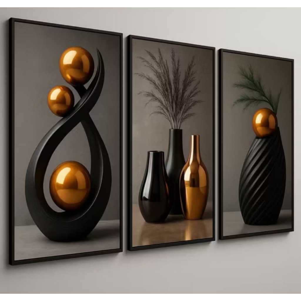 Trio de Quadros Canvas Premium – Coleção Abstract Gold & Black em Oferta na Shopee