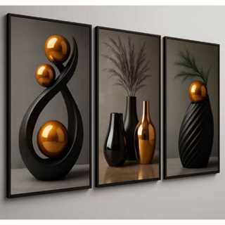 Trio de Quadros Canvas Premium – Coleção Abstract Gold & Black em Oferta na Shopee