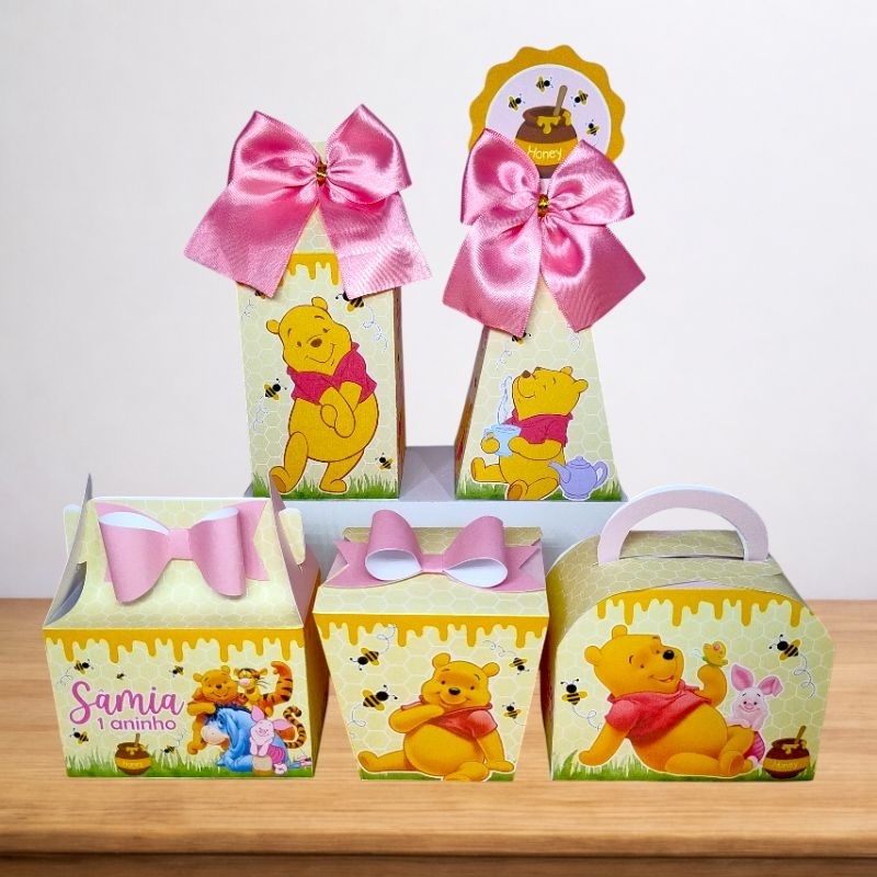 Kit Festa Ursinho pooh Rosa Caixinhas Personalizadas lembrancinhas para Festas MONTADAS