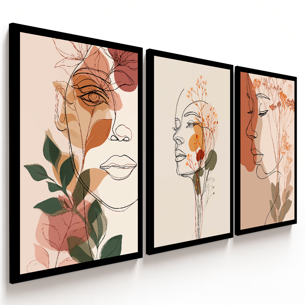 Kit Quadros Decorativos Decoração Rosto Feminino Sala Escritório Sofisticada Abstrata Escandinavo Moderna