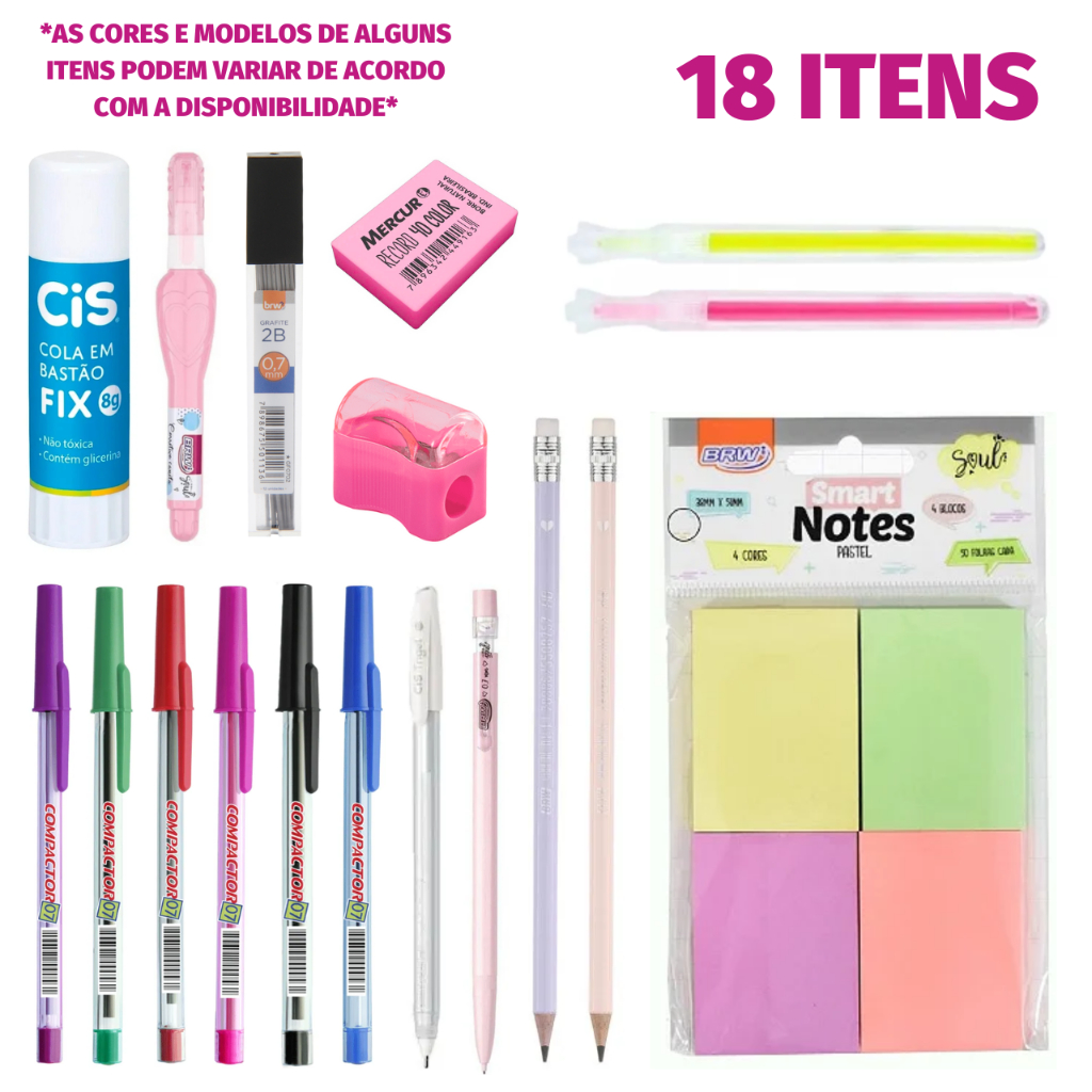 Kit Material Escolar Volta às Aulas 2026 - 18 Itens Básicos Tom Pastel Caneta Colorida Marca Texto em Oferta na Shopee