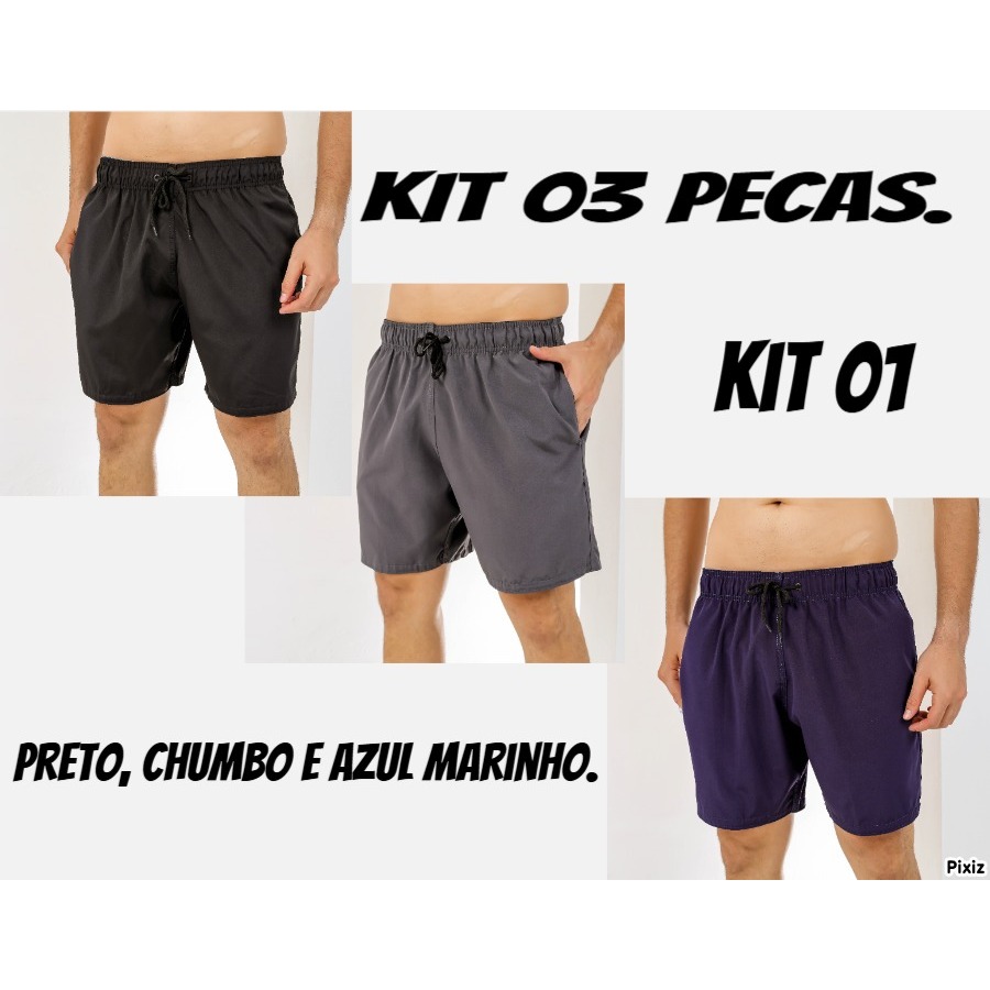 Kit com 3 shorts elastano masculino ideal para academia, caminhada, praia e piscina.