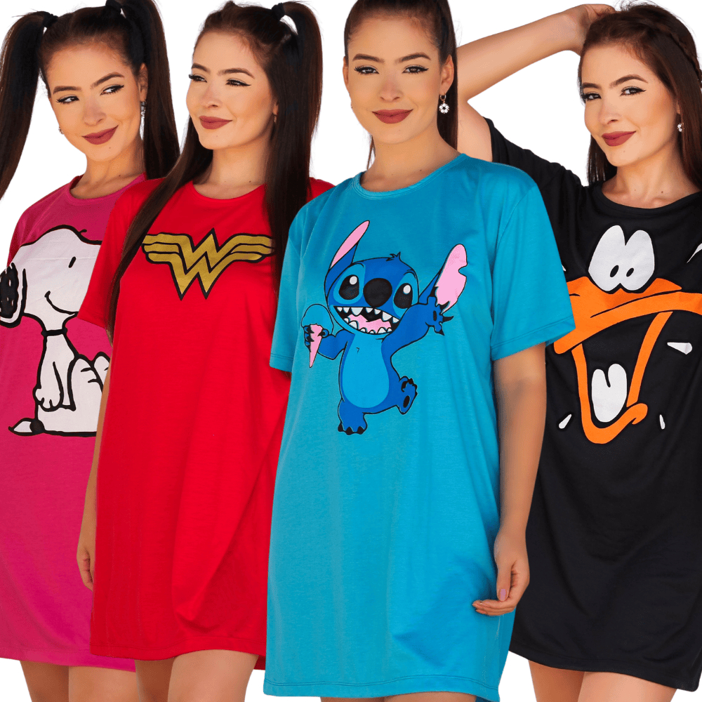 Kit 3 Camisolas Personagens Divertidos Desenho Animado Camisão Roupa de Dormir Lilo Patolino Maravilha