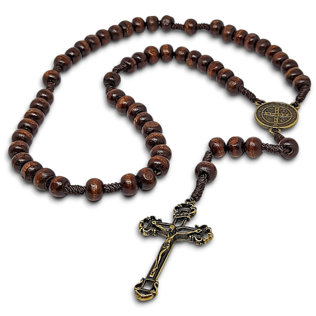 Terço São Bento De Madeira Em Bronze Rosário Artesanal Religioso 40 Cm em Oferta na Shopee