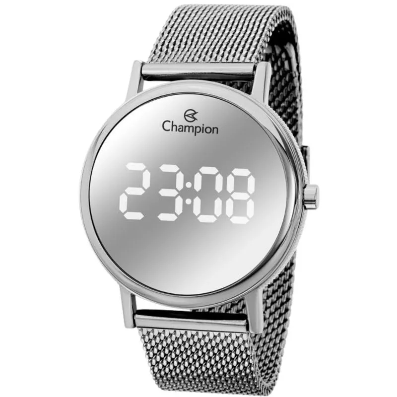 Relógio Champion Feminino Digital Led Prata Original Pulseira De Aço Prateada Estilo Esportivo Elegante Visor Moderno Re