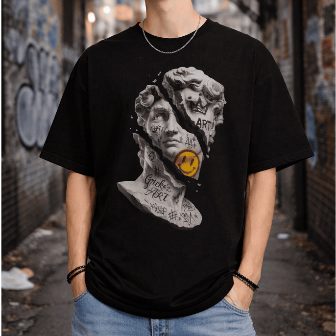 Camiseta Oversized Streetwear Masculina Moda Unissex Estampada Arte Grega Urbana 100% Algodão Skatista Arte Urbana