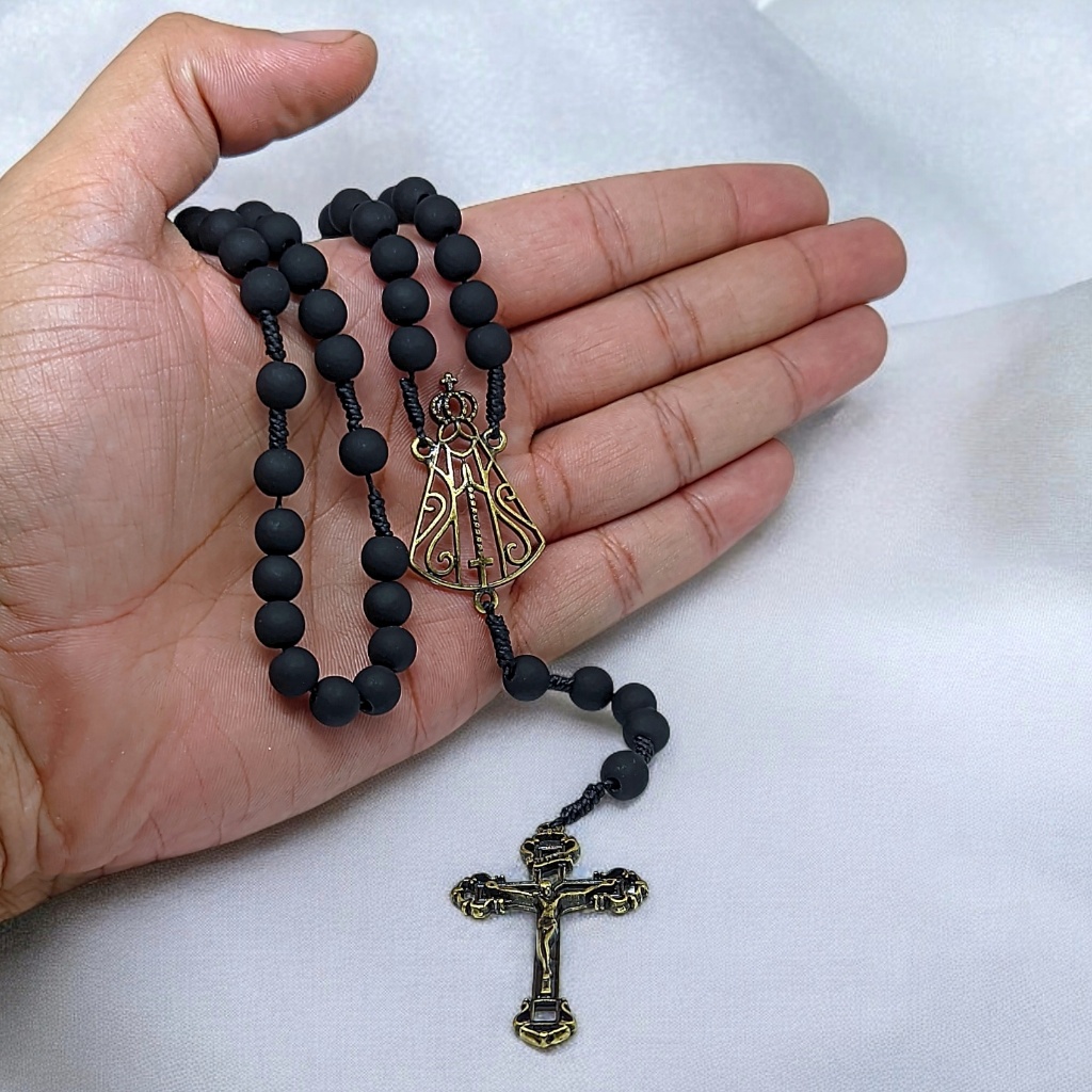 Terço Nossa Senhora Aparecida Emborrachado Preto Em Bronze Rosário Artesanal Religioso 40 Cm em Oferta na Shopee