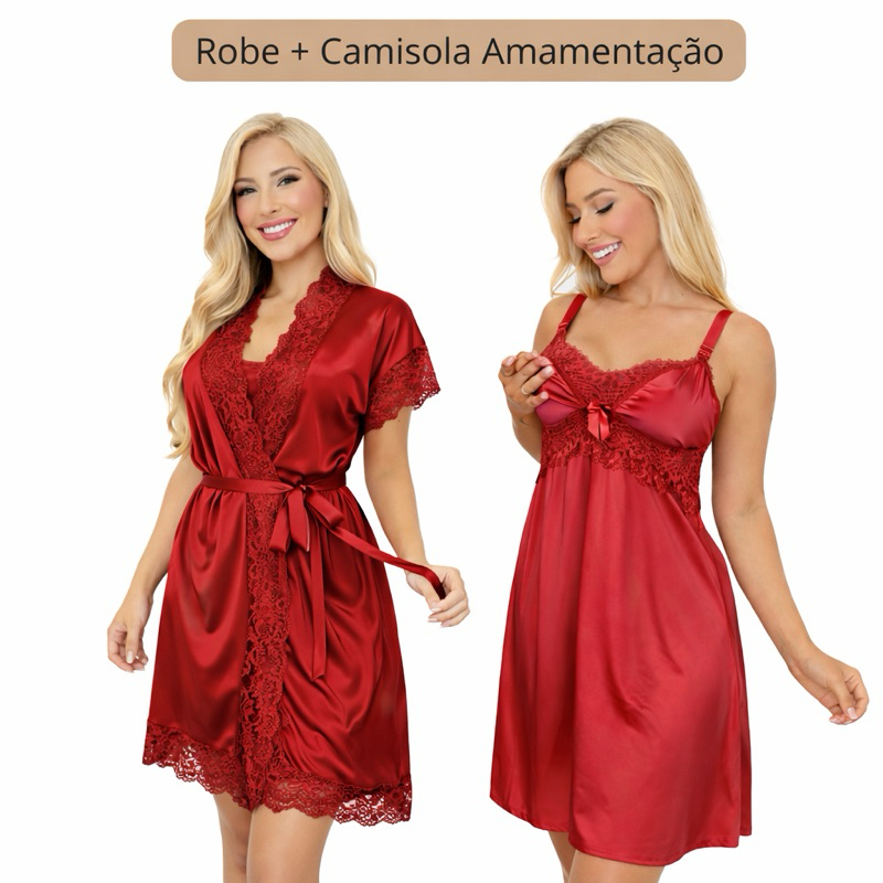 Kit Robe Roupão e Camisola Amamentação Bia Pós Parto Liso Renda Maternidade Gestante