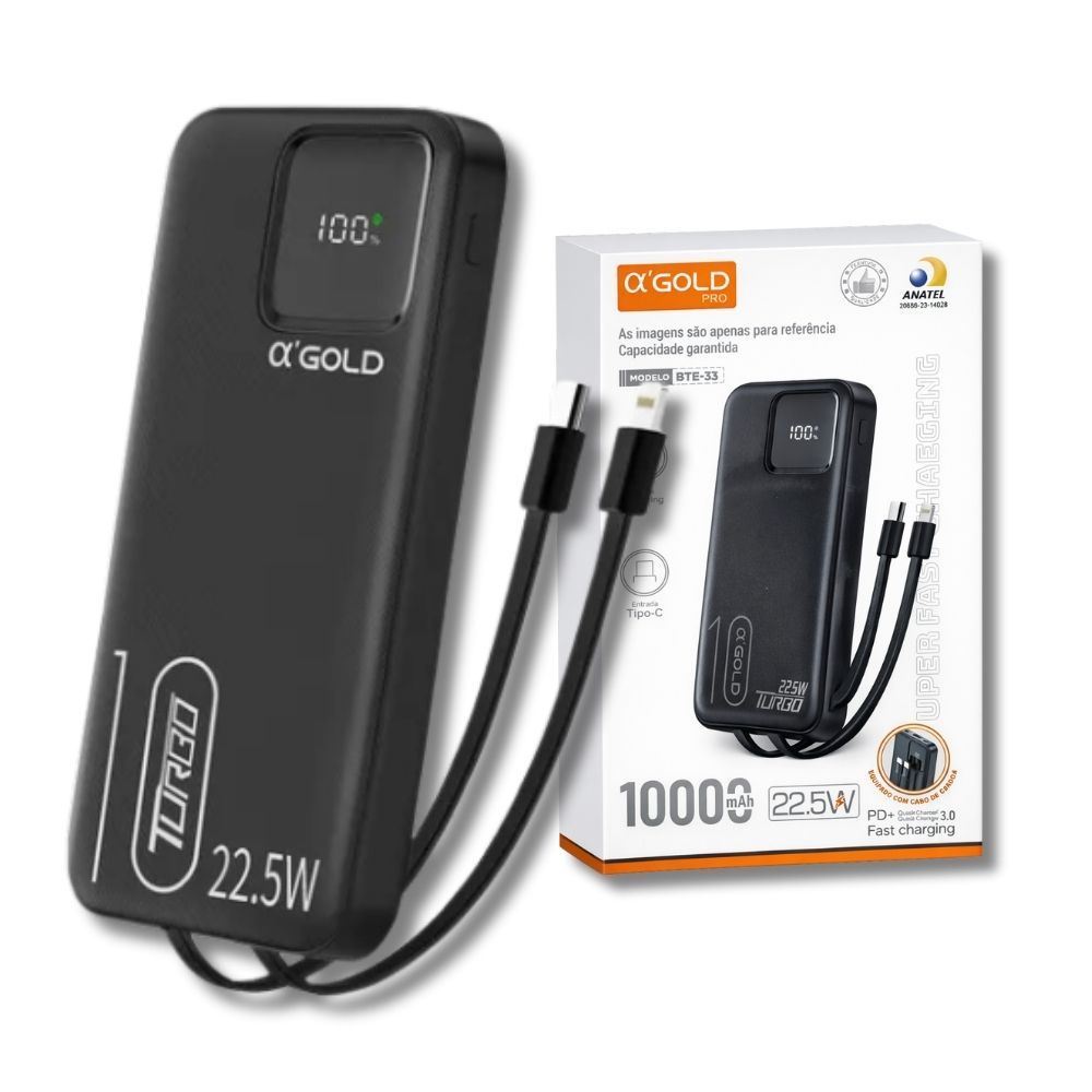 Power Bank 10000mAh 22.5W Turbo PD QC3.0 com Cabos Lightning e Tipo-C Display Digital Compatível iPhone e Celular