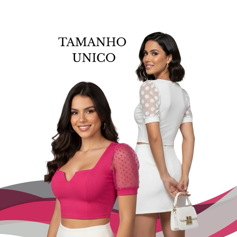 Blusa Feminina Cropped Manga Tule Poá Tecido Canelado com Bojo Varias Cores Tendência Verão 2026