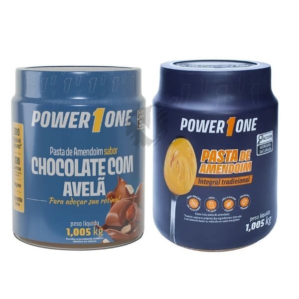 KIT Pasta de amendoim integral POWER ONE  TRADICIONAL 1KG e CHOCOLATE COM AVELÃ 1KG 1,005 PowerOne Combo Pastas