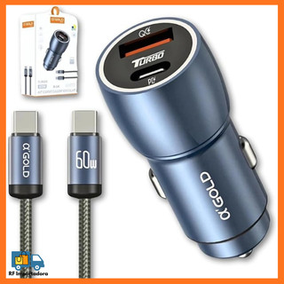 Kit Carregador Veícular 60W Turbo PD + USB-C Com Cabo Tipo-C/Tipo-C Para iPhone e Android…