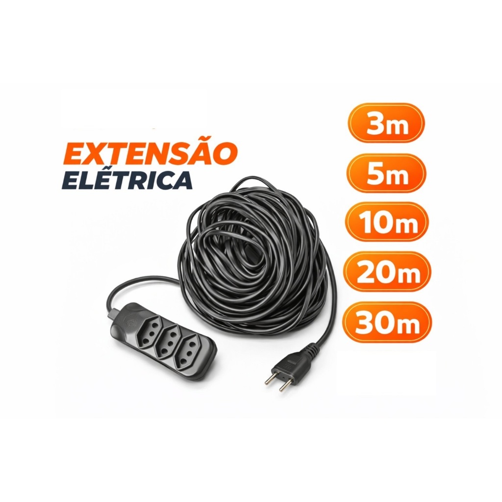 Extensão Elétrica até 30 Metros - Bivolt 110/220 10A | 20 A Tomada Tripolares Preta Resistente