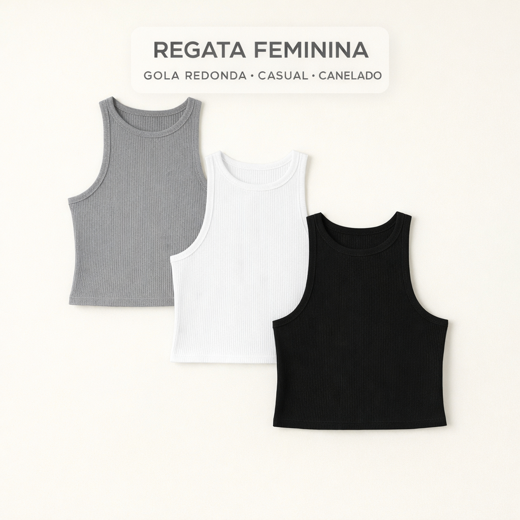 Cropped  Gola Redonda Regata Feminina Canelado Moda Verão