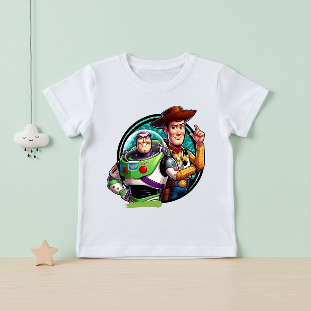 Camiseta Infantil Toy Story Buzz e Wood Estampada Algodão Macio Lançamento Crianças Desenho