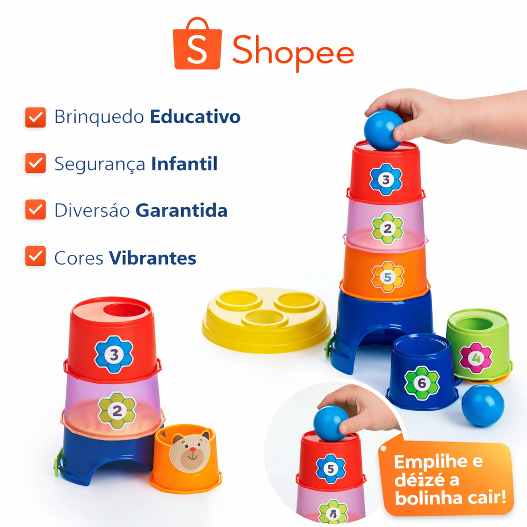 Brinquedo Bebê Pote de Empilhar e Encaixar Didático Educativo Colorido Infantil Sensorial 6+ Meses