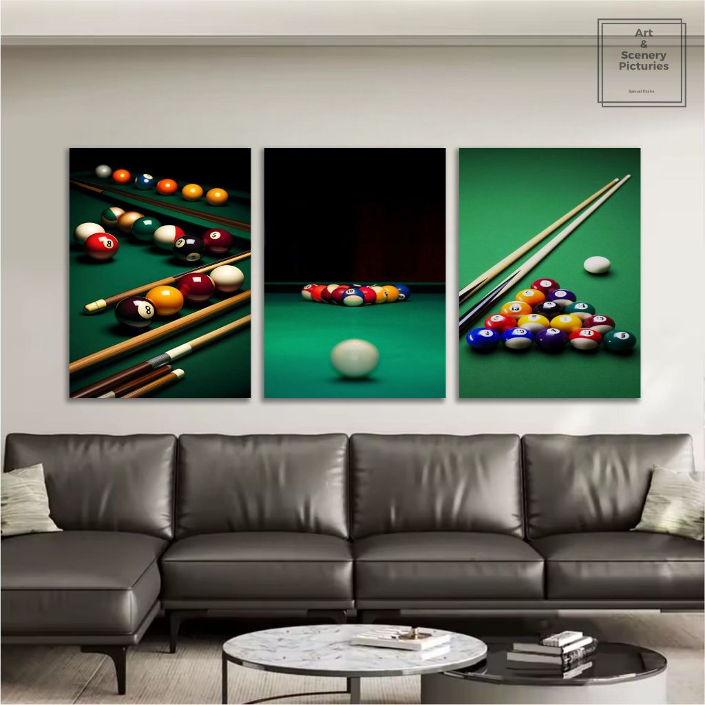 Detalhes do Quadro Decorativo Kit 3 Peças Sinuca Bilhar Para Bar e Área de Lazer