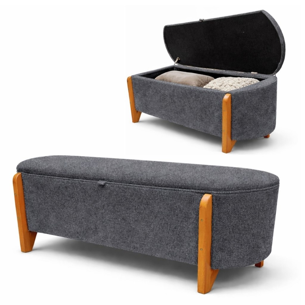 Bau Recamier Sapateira Organizadora Tecido Bouclê Solteiro 100cm Pes de Madeira Elegante Quarto