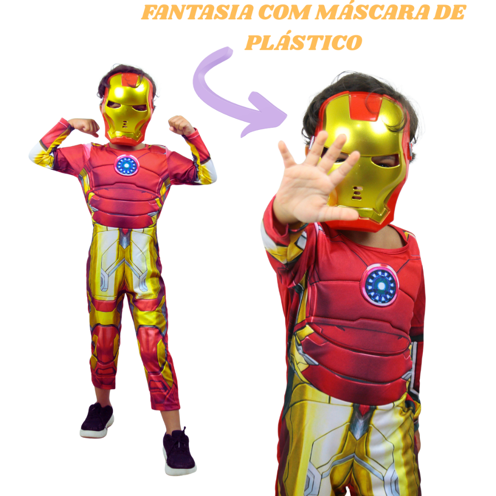 Fantasia Infantil Homem de Ferro/Iron Man dos Vingadores/Avengers - Longo com Músculos E Máscara em Oferta na Shopee