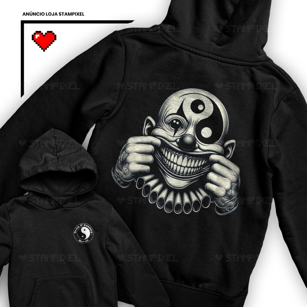 Moletom Canguru Palhaço Ying Yang Psicodélico Sorriso Frente e Verso Town E Country Blusa De Frio Mandrake Streetwear