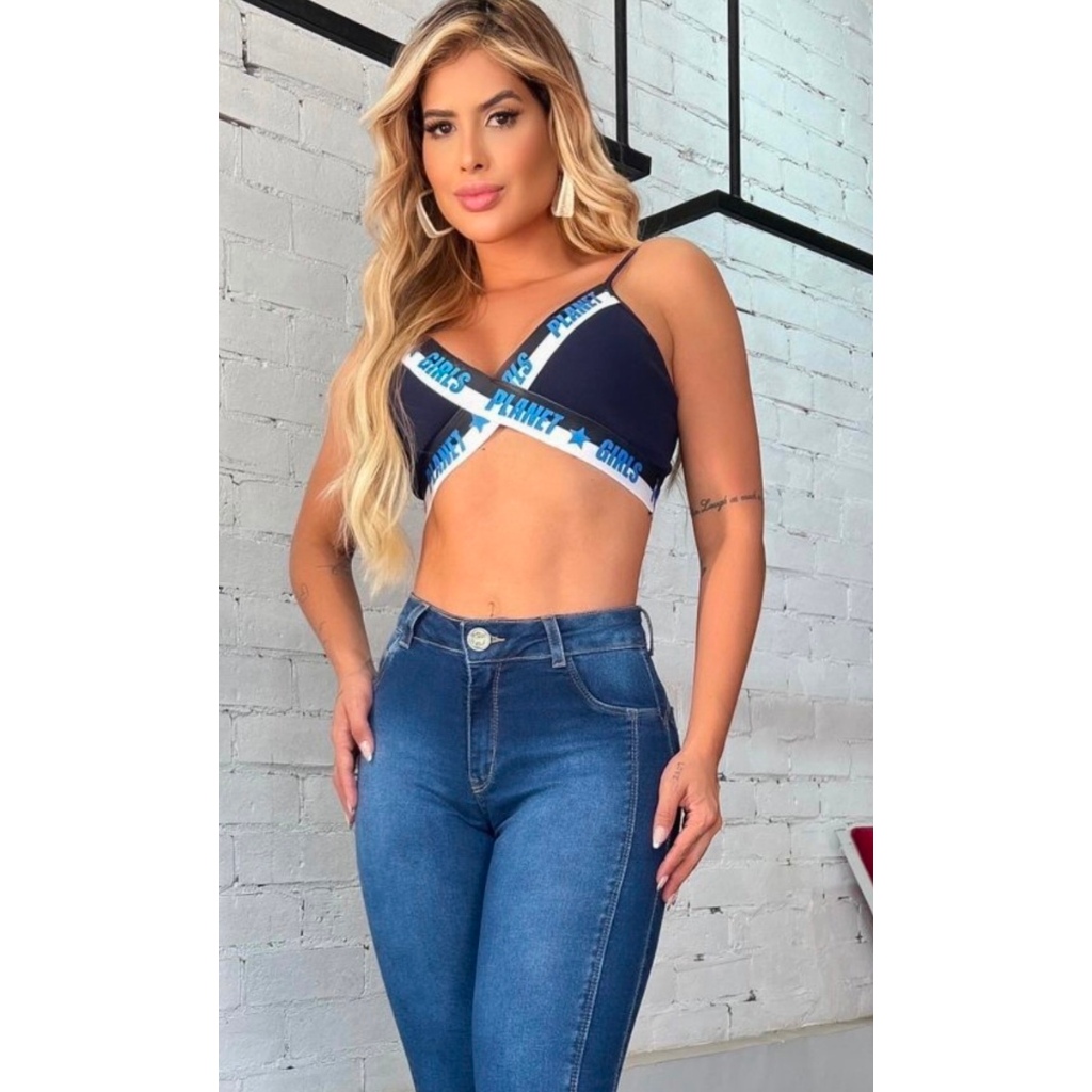 Top cropped letreiro azul marinho planet girls