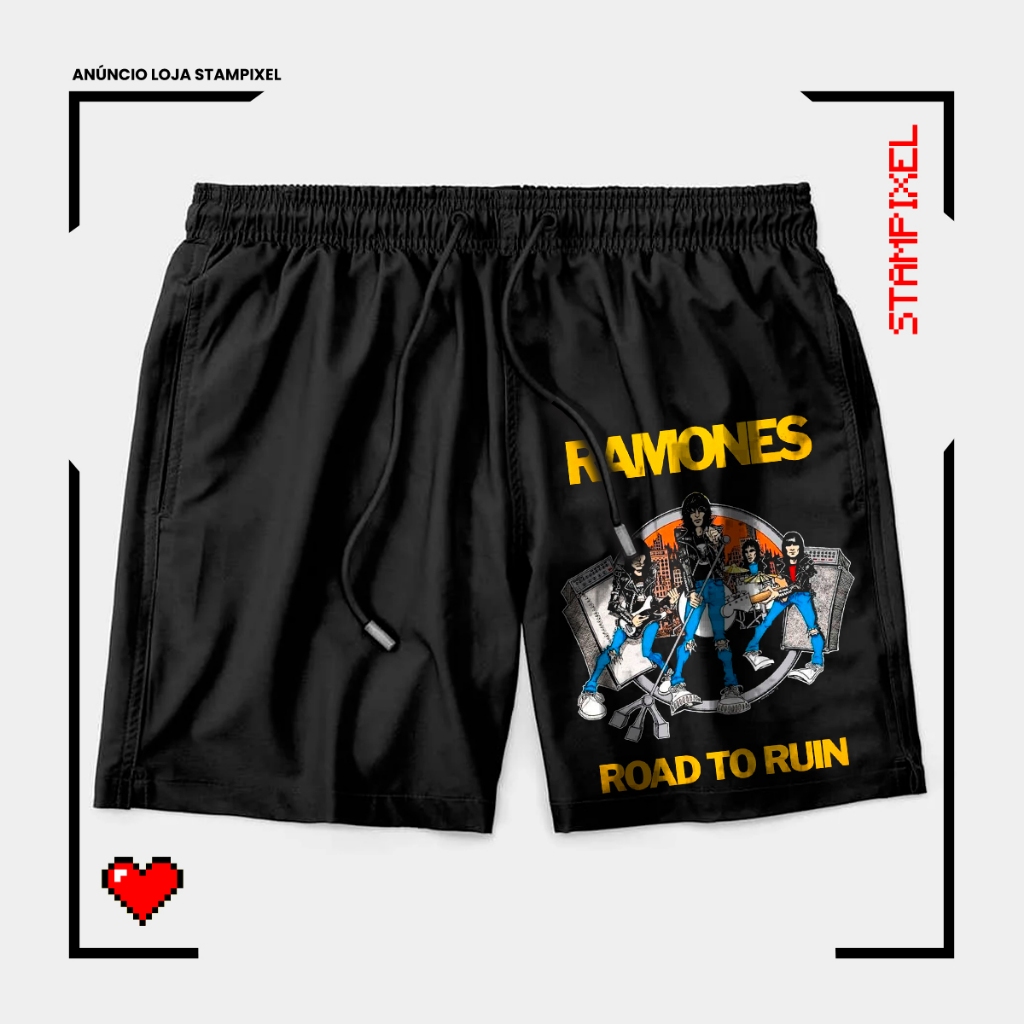 Bermuda Tactel Ramones Road To Ruin Short Banda Punk Álbum Confortável Com Elastano Ideal Lazer Treino Esportes Praia