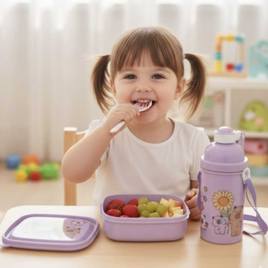Lancheira Infantil com garfinho e garrafinha infantil com alça super delicada em Oferta na Shopee