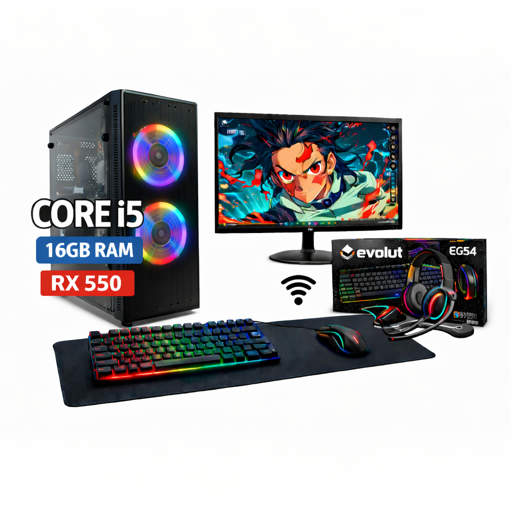 PC Gamer completo equipado com Intel Core i5, 16GB de RAM, placa RX 550, SSD 120+ hd +antena usb wife