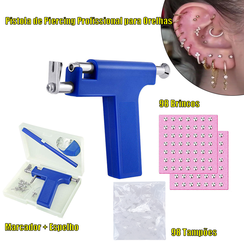 kit pistola orelha automática - 98 brincos + tampões + marcador + espelho